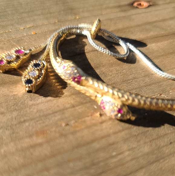 Topaz &Ruby Dual bronze Snake Adjustable .925 sterling Bracelet - Picture 7 of 12